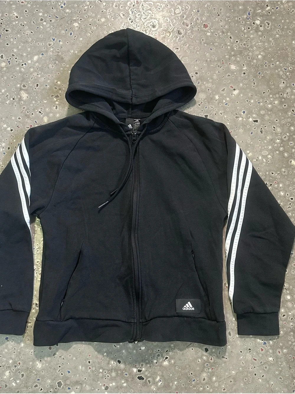 adidas Black Kids Hooded Zip Jacket with White Stripes